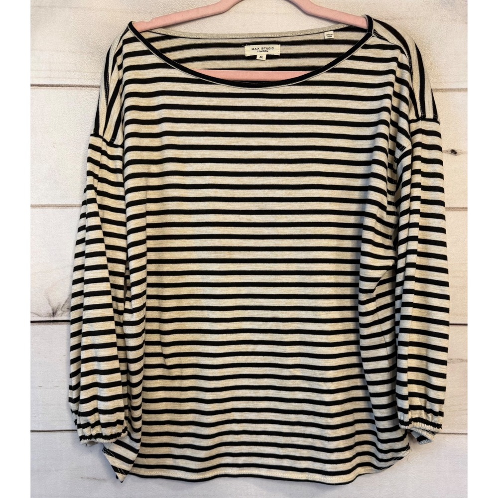 Max Studio London Striped Boat Neck Top XL Black Ivory Long Sleeve 3708S74